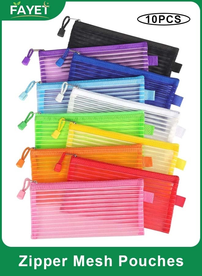 FAYET 10 Pack Multicolor Zipper Mesh Pouches, Pencil Bags, Pen Cases and Multipurpose Travel Organizers for School, Office Accessories - Image 1